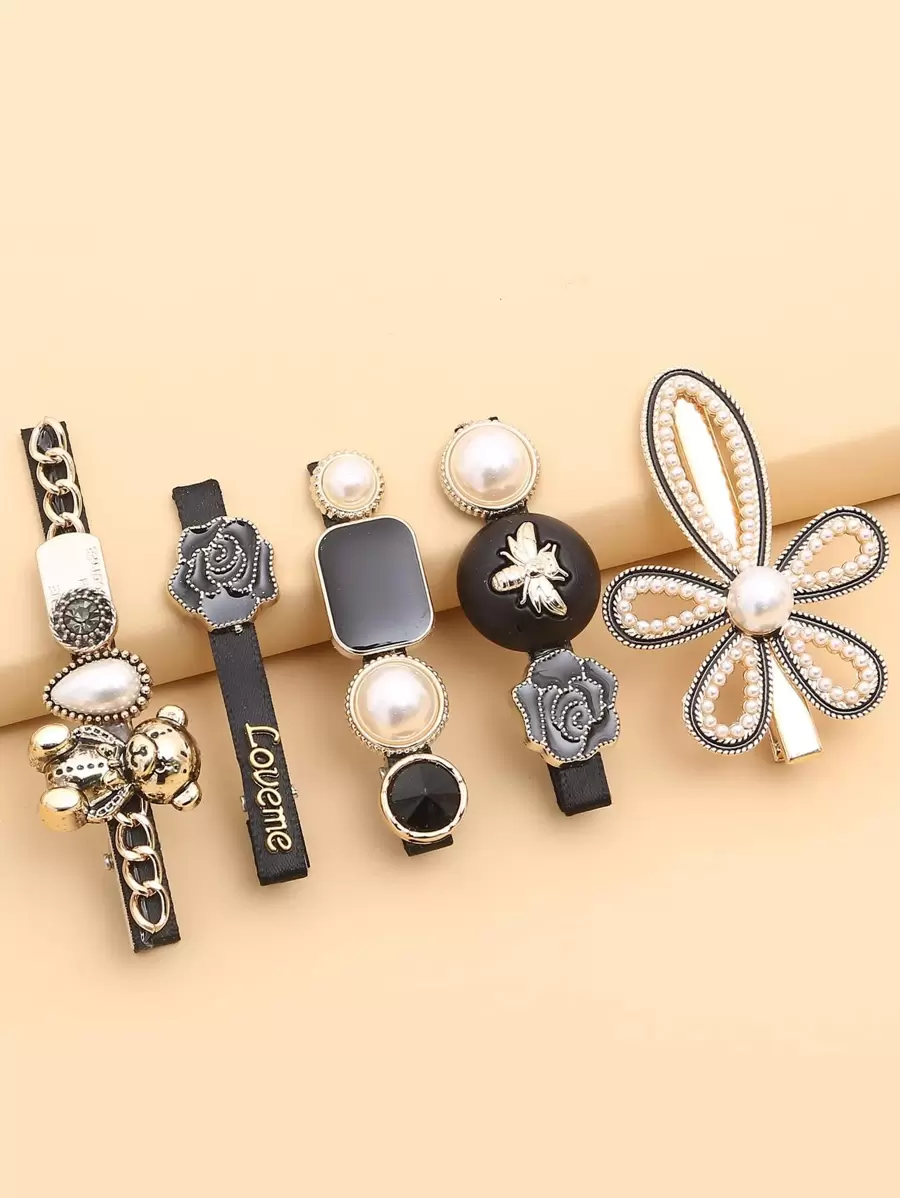 5入組人造珍珠花朵裝飾髮夾 - 黑色 - 查看 1