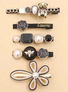 5入組人造珍珠花朵裝飾髮夾 - 黑色 - 查看 2