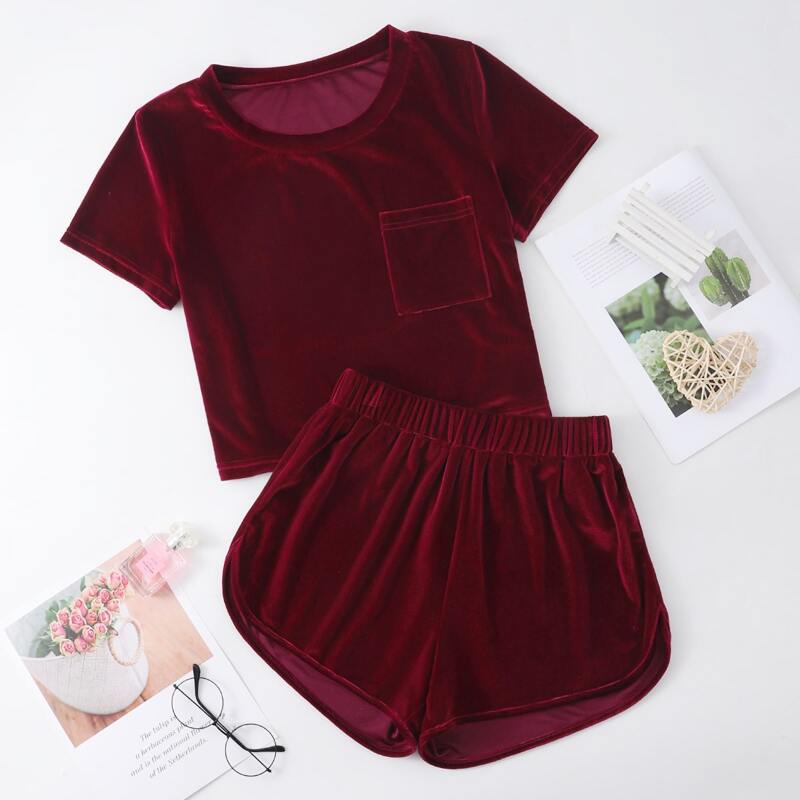 

Solid Pocket Velvet Lounge Set, Burgundy