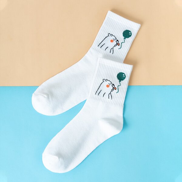 

Cartoon Animal Print Crew Socks, White