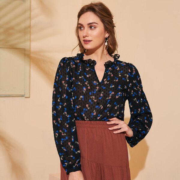 

Ditsy Floral Notch Neck Swiss Dot Sheer Top, Black