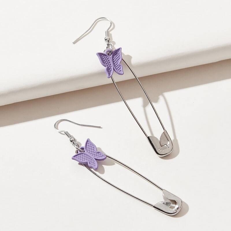 

Butterfly & Safety Pin Drop Earrings, Silver