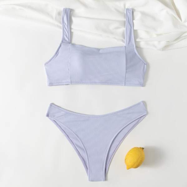 

Solid Ribbed Bikini Swimsuit, Pastel dusty purple