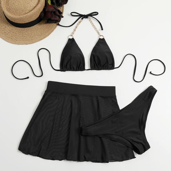

3pack Chain Strap Halter Bikini Swimsuit & Beach Skirt, Black
