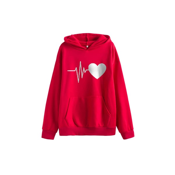 

Heart Print Kangaroo Pocket Thermal Hoodie, Red