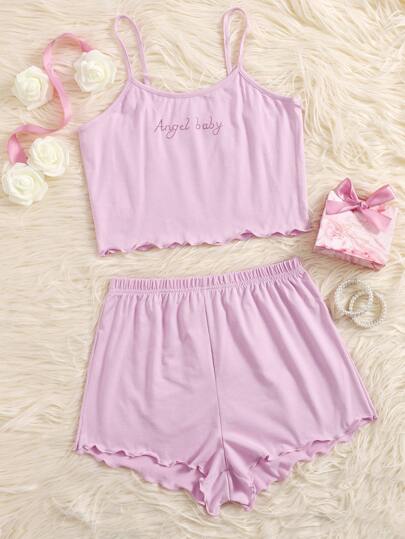 Letter Print Lettuce Trim PJ Set