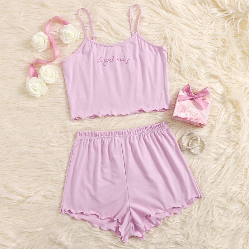 

Letter Print Lettuce Trim PJ Set, Lilac purple