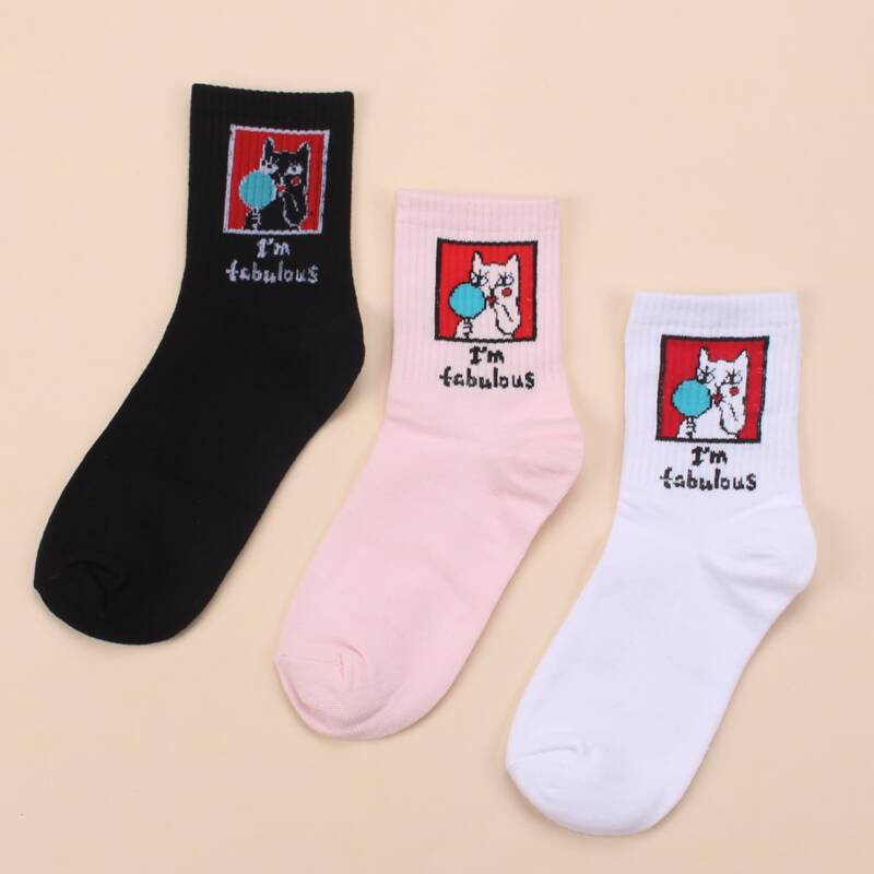 

3pairs Cat Pattern Crew Socks, Multicolor