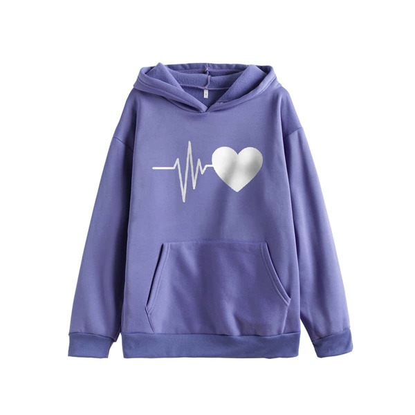 

Heart Print Kangaroo Pocket Thermal Hoodie, Violet purple