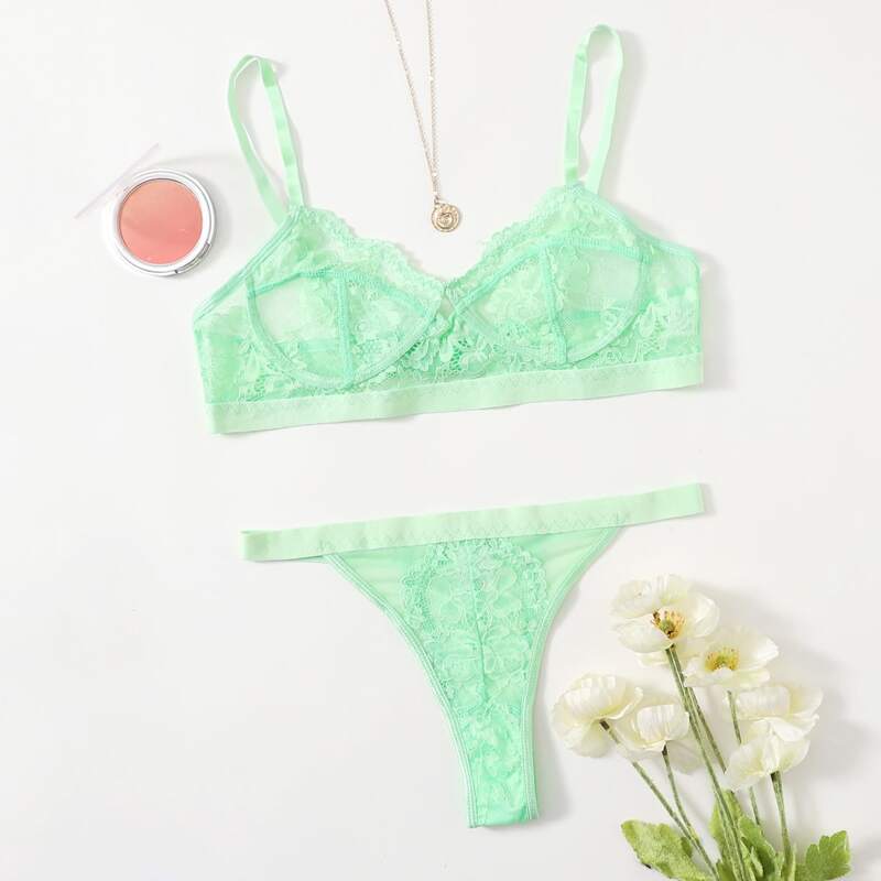 

Floral Lace Thong Lingerie Set, Mint green