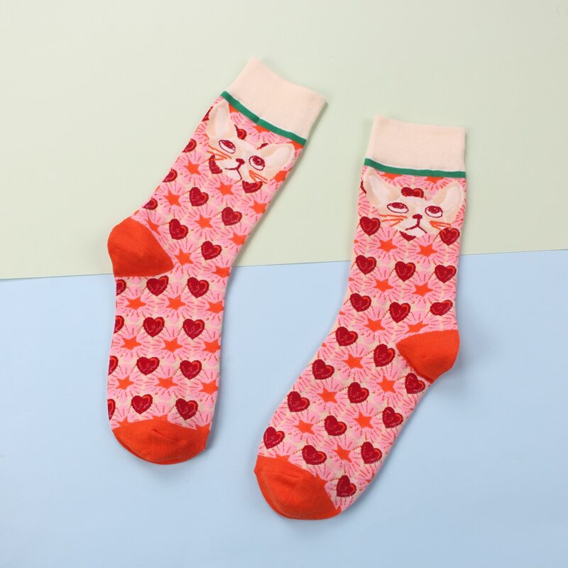 

1pair Heart Pattern Crew Socks, Orange