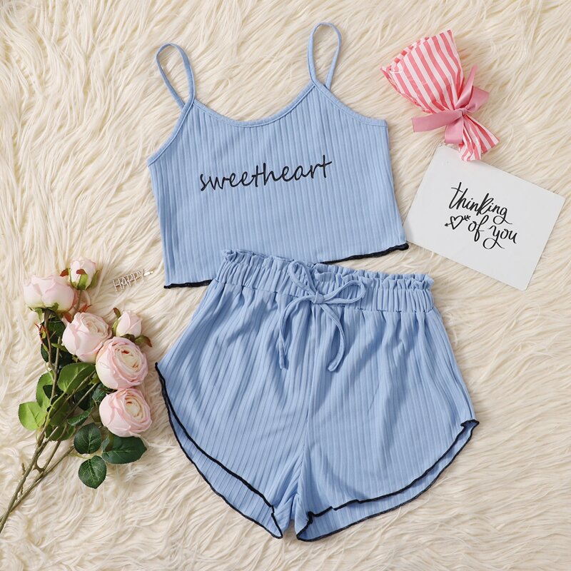 

Letter Print Elastic Waist PJ Set, Blue