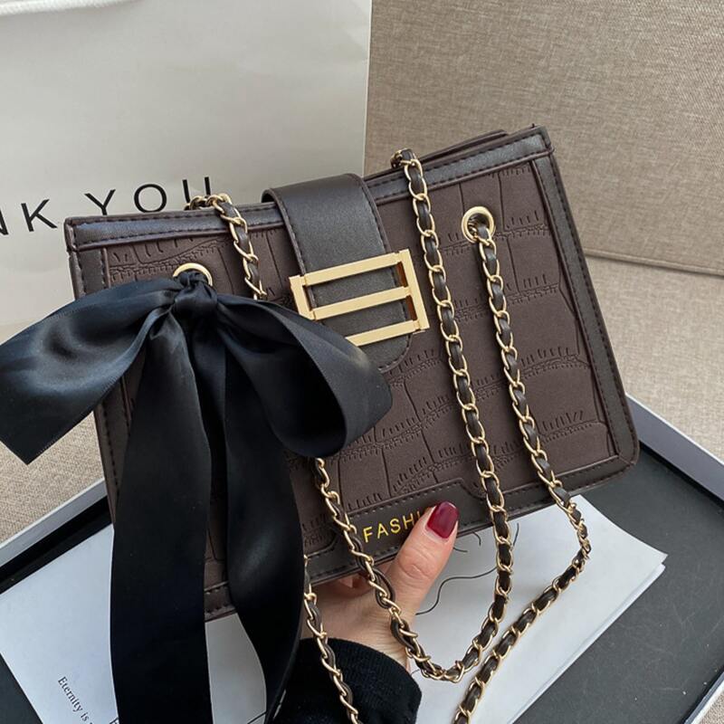 

Bow Knot Croc Embossed Chain Crossbody Bag, Coffee brown