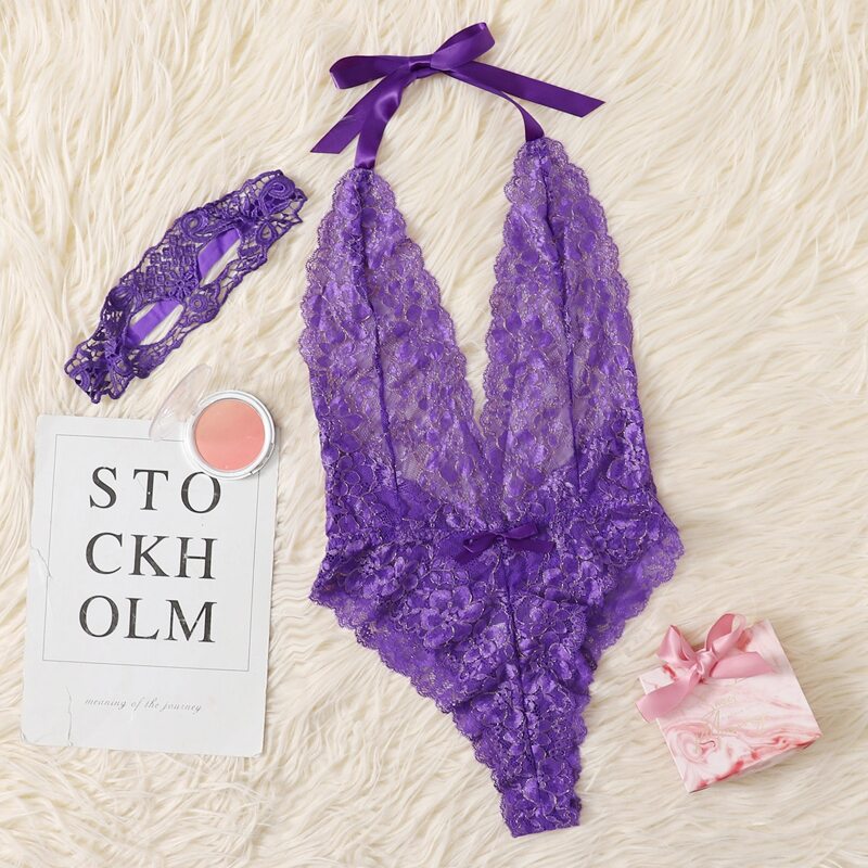 

Scallop Floral Lace Teddy Bodysuit & Choker, Purple