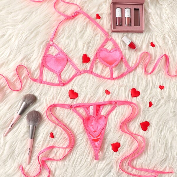 

Heart Cut-out Tie Side Lingerie Set, Pink
