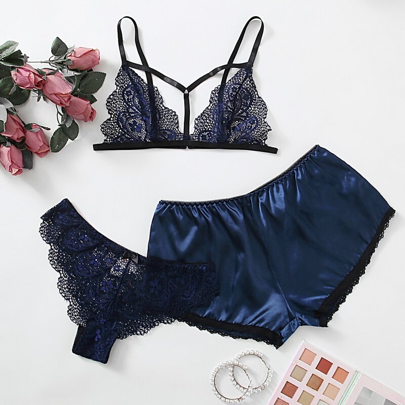 

Scallop Floral Lace Lingerie Set & Satin Shorts, Navy blue