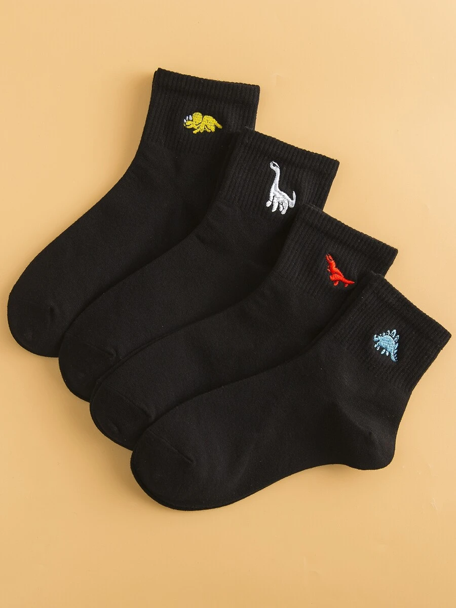 4雙男士動物刺繡襪子 - 黑色 - 查看 1