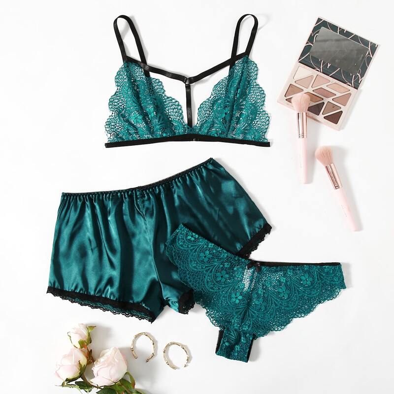 

Scallop Floral Lace Lingerie Set & Satin Shorts, Dark green