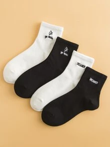 4 pares calcetines de hombres con bordado de letra - Blanco y Negro - Ver 1