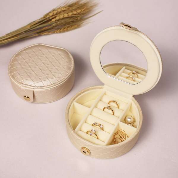 

1pc Jewelry Storage Box With Mirror, Khaki