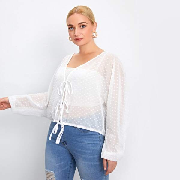 

Plus Swiss Dot Tie Front Top Without Bandeau, White