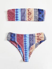 Floral & Paisley Bandeau Bikini Set Summer Beach - Multicolor - View 1