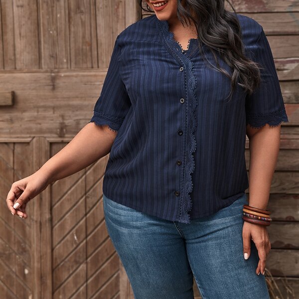 

Plus Lace Trim Button Up Blouse, Navy blue