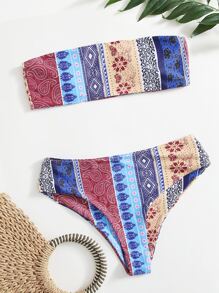 Floral & Paisley Bandeau Bikini Set Summer Beach - Multicolor - View 3