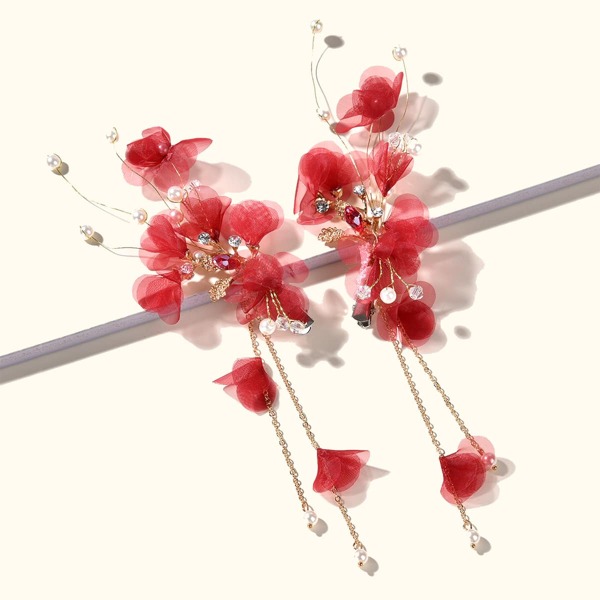 

2pcs Rhinestone & Faux Pearl Decor Hair Clip, Red