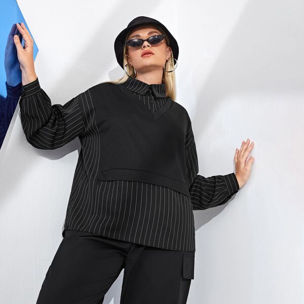 

Plus Drop Shoulder Vertical Stripe Blouse, Black