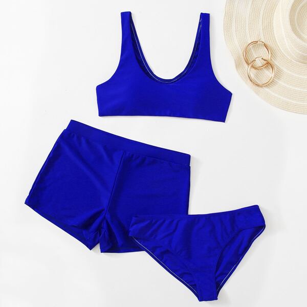 

3pack Solid Bikini Swimsuit & Shorts, Royal blue