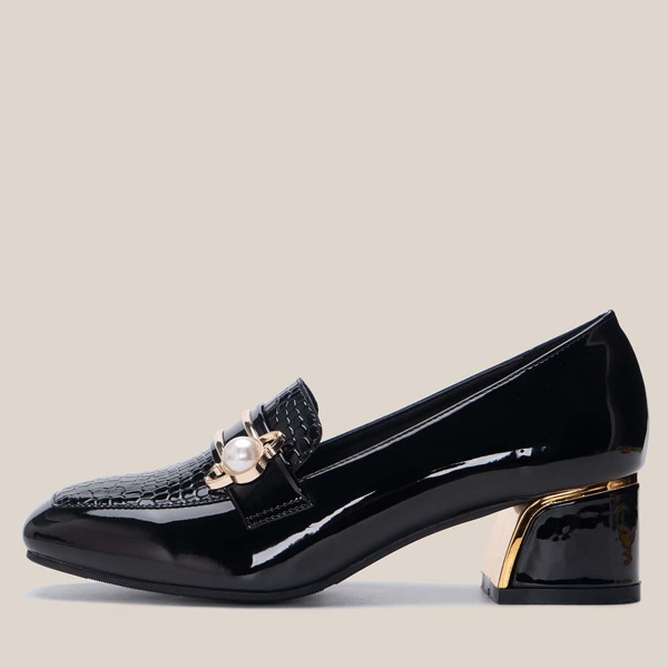 

Faux Pearl Decor Croc Embossed Chunky Court Heels, Black
