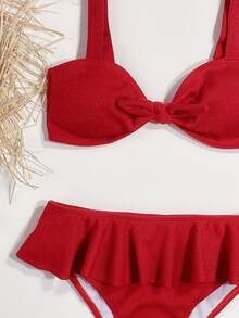 Rib Knot Front Ruffle Hem Bikini Set Summer Beach - Red - View 3