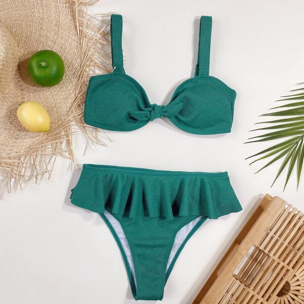 

Rib Knot Front Ruffle Hem Bikini Swimsuit, Green