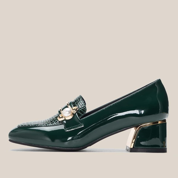

Faux Pearl Decor Croc Embossed Chunky Court Heels, Green