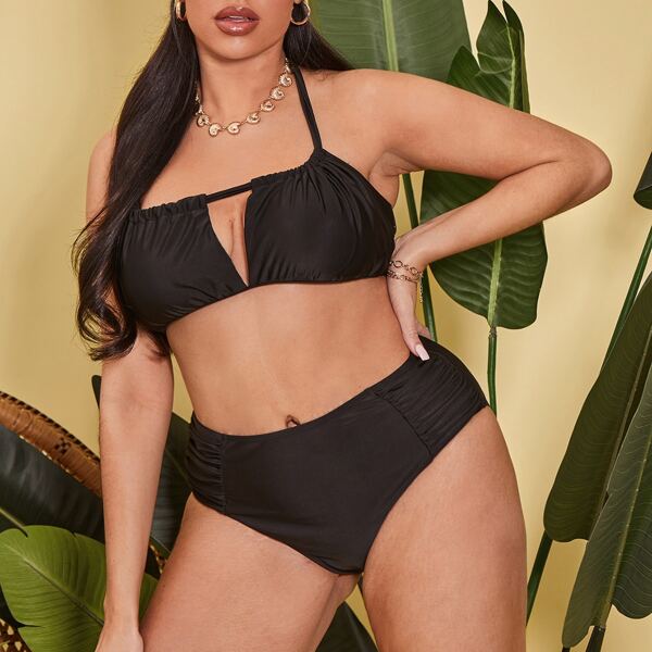 

Plus Ruched Halter High Waisted Bikini Swimsuit, Black
