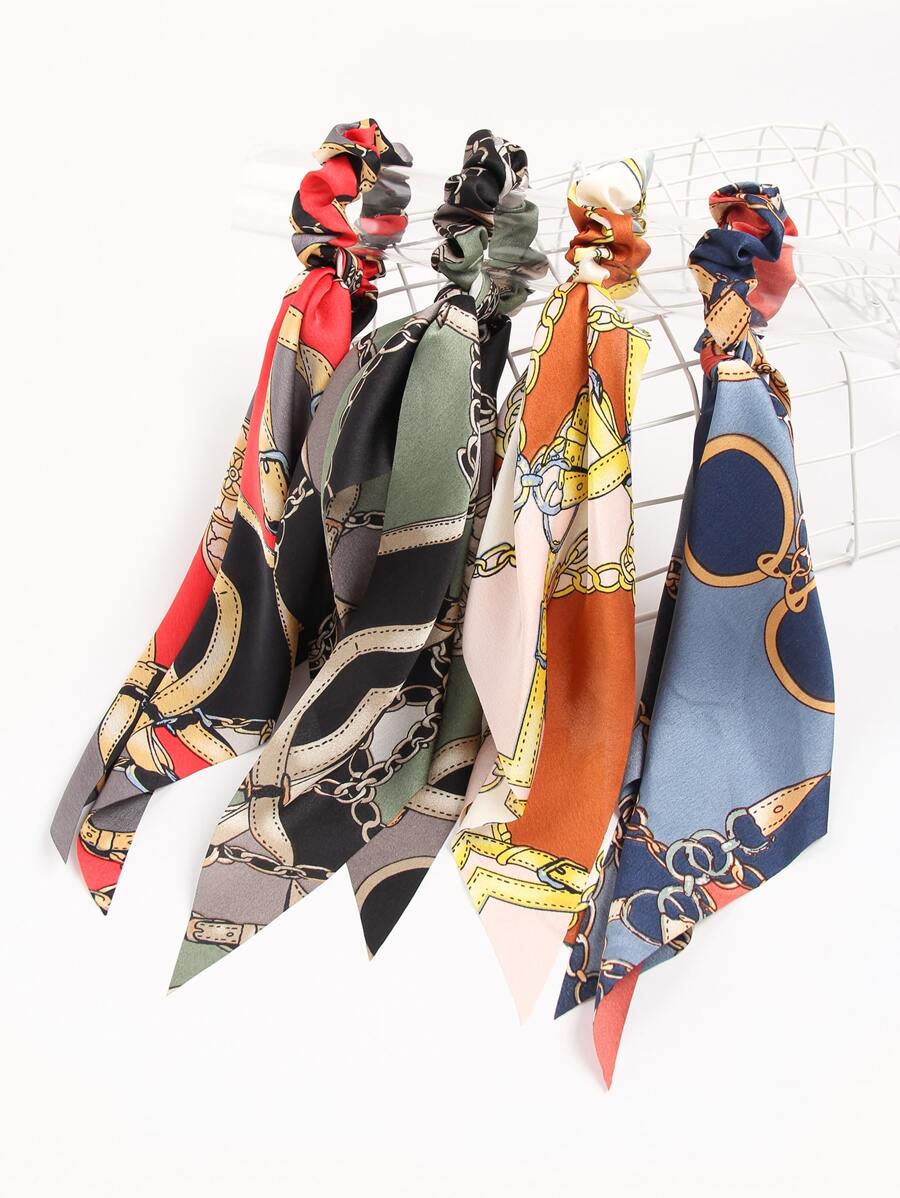 4pcs Chain Print Scrunchie Scarf Hair Tie Ponytail Holder Hair Elastic Hair Rope - Multicolor - View 1
