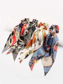 4pcs Chain Print Scrunchie Scarf Hair Tie Ponytail Holder Hair Elastic Hair Rope - Multicolor - View 2