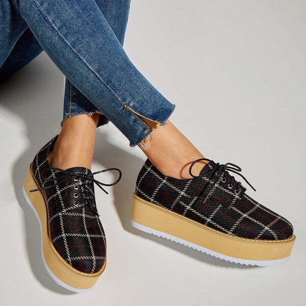 

Lace-up Front Plaid Flatform Wedges, Black