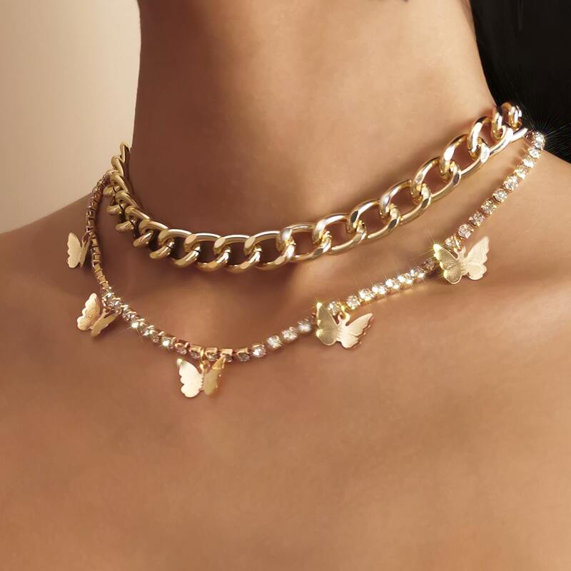 

2pcs Rhinestone Butterfly Chunky Chain Choker, Gold