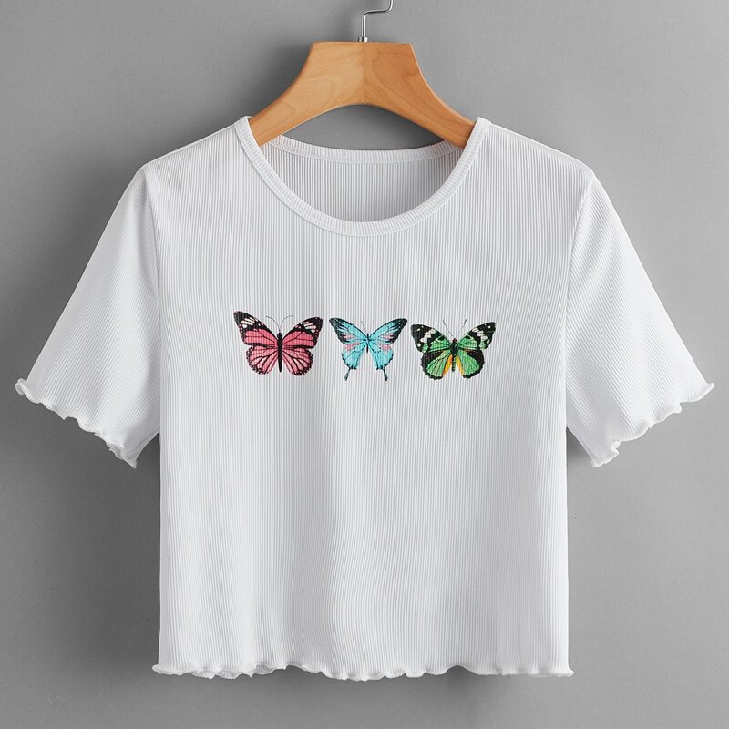 Butterfly Graphic Lettuce Trim Crop Tee, White
