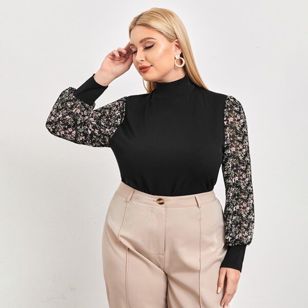

Plus Contrast Floral Sleeve Mock Neck Top, Black