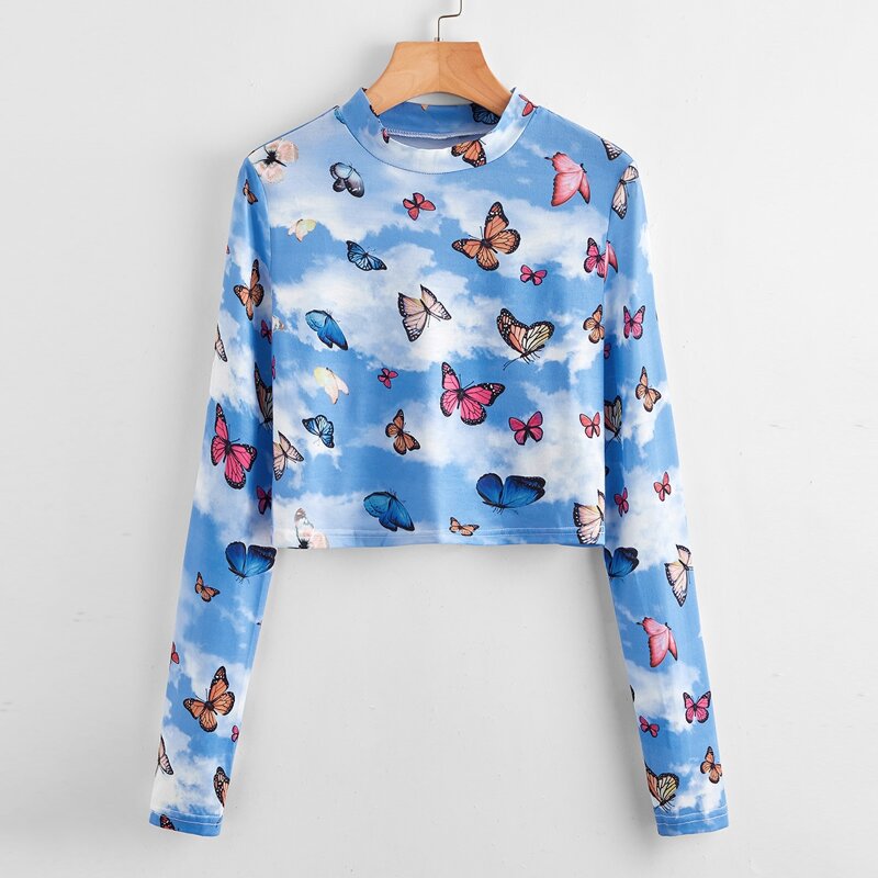 

Butterfly & Cloud Print Crop Tee, Multicolor