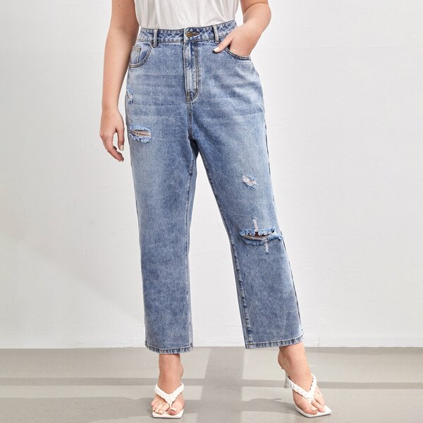 

Plus Straight Leg Ripped Jeans, Light wash
