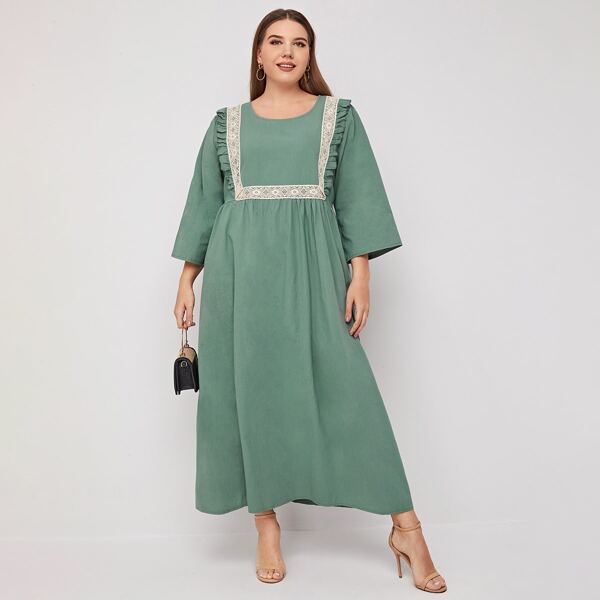 

Plus Lace Panel Ruffle Trim Smock Dress, Mint green