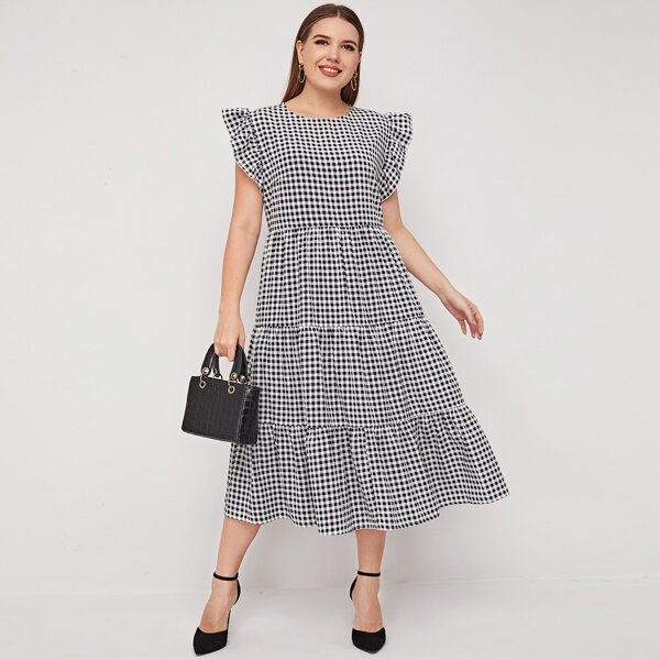 

Plus Gingham Ruffle Trim Dress, Black and white