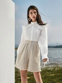 SHEIN Zipper Fly Fold Pleated Raw Hem Plaid Tweed Shorts - Multicolor - View 1