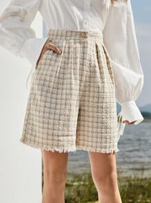 SHEIN Zipper Fly Fold Pleated Raw Hem Plaid Tweed Shorts - Multicolor - View 2