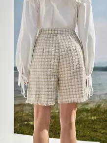 SHEIN Zipper Fly Fold Pleated Raw Hem Plaid Tweed Shorts - Multicolor - View 3