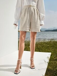 SHEIN Zipper Fly Fold Pleated Raw Hem Plaid Tweed Shorts - Multicolor - View 6